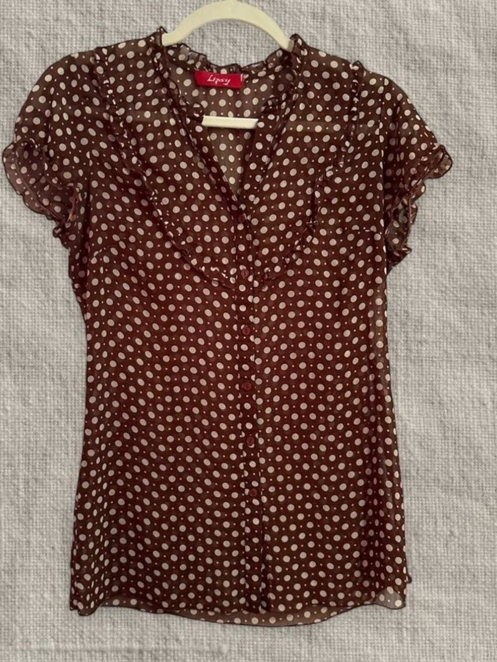 Lipsy Brown and Cream Polka Dot Ruffle Sleeve Blouse